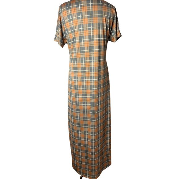 NWT Lula Roe Dress Large Orange Gray White Plaid Maxi Sheath Short Sleeve Round - Picture 5 of 11